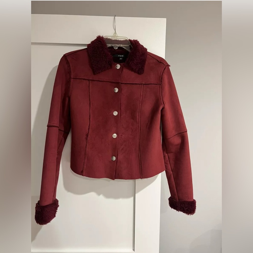 View Aviator Faux Fur Shearling Suede Jacket Coat Sz 2 burgundy Berry Crop
